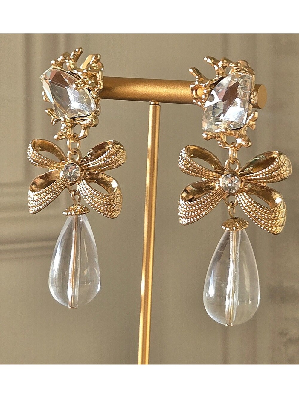 Vtg 80s 90s Bow Teardop Clip-On Dangle Earrings, Party, Romantic